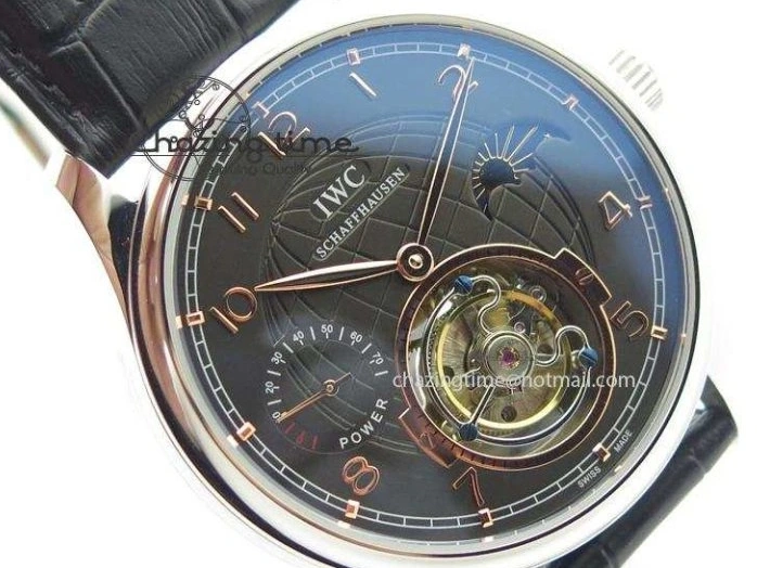MIROTIME 0428 Portuguese Tourbillon Power Reserve Moonphase SS Black Dial Gold Numbers On Black Leather Strap RelaxedFit 7320